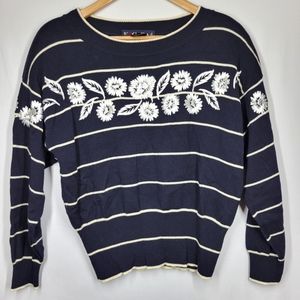 Vintage Escada Margaretha Ley Navy Cream Striped Floral New Wool Sweater 38